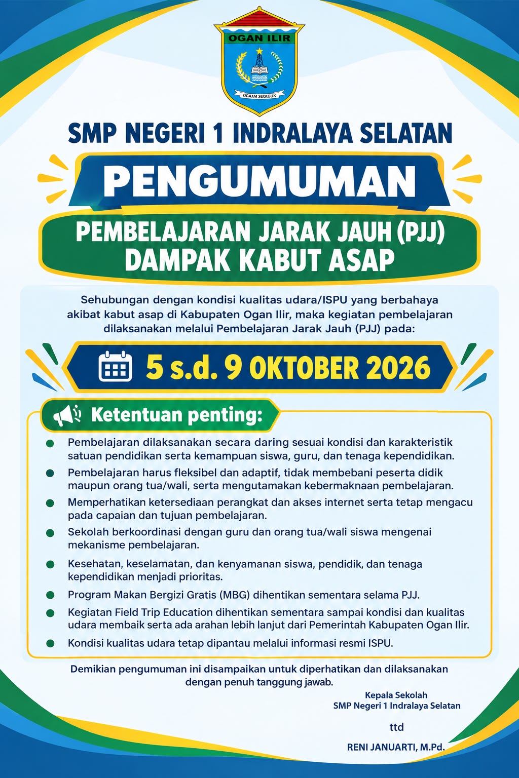 pengumuman pembelajran jarak jauh ” Dampak Kabut Asap”